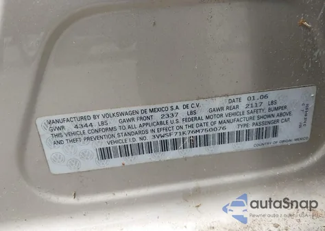 2006 Volkswagen Jetta 2.5 из США, поврежденный, VIN 3VWSF71K76M750076